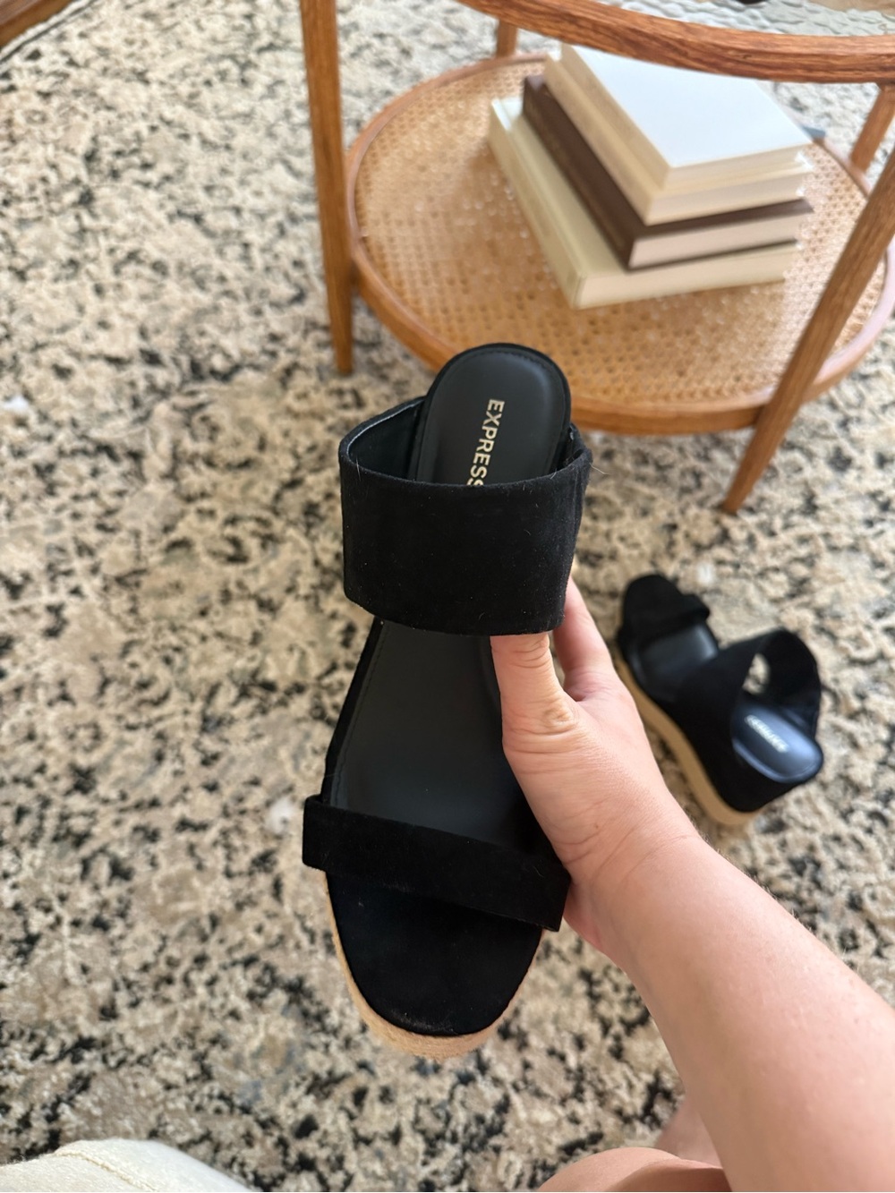 Express Black Suede Double Strap Wedges